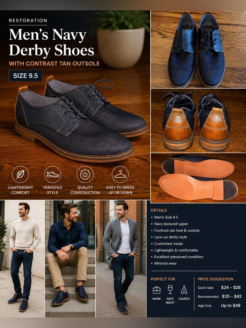 Restoration Men’s Navy Derby Shoes – Size 9.5